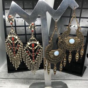 Statement style dressy long dangle boho earrings lot 2 brassy gold and silver
